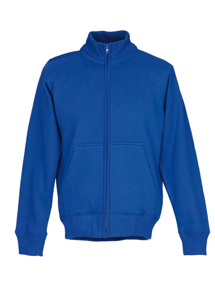 Blaue Unisex Stehkragen-Sweatjacke, gerade geschnitten, mit Stehkragen und Seitentaschen