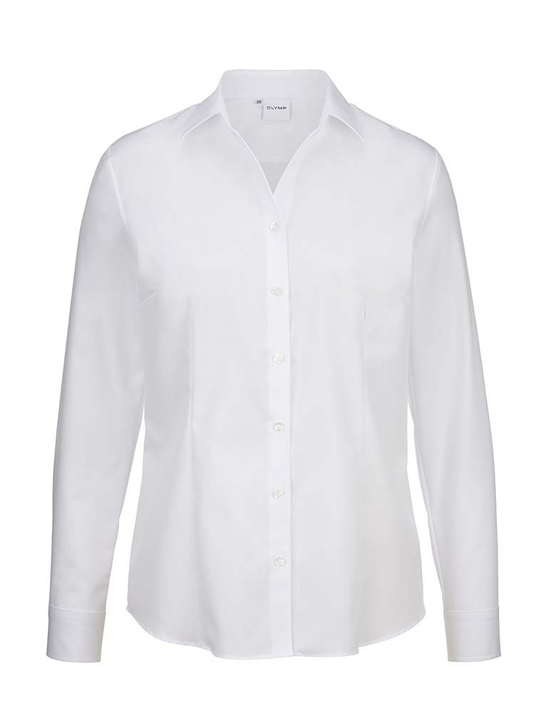Olymp Bluse Damen Weiß mit Ida-Kragen und geschwungenem Saum aus atmungsaktiver Baumwolle