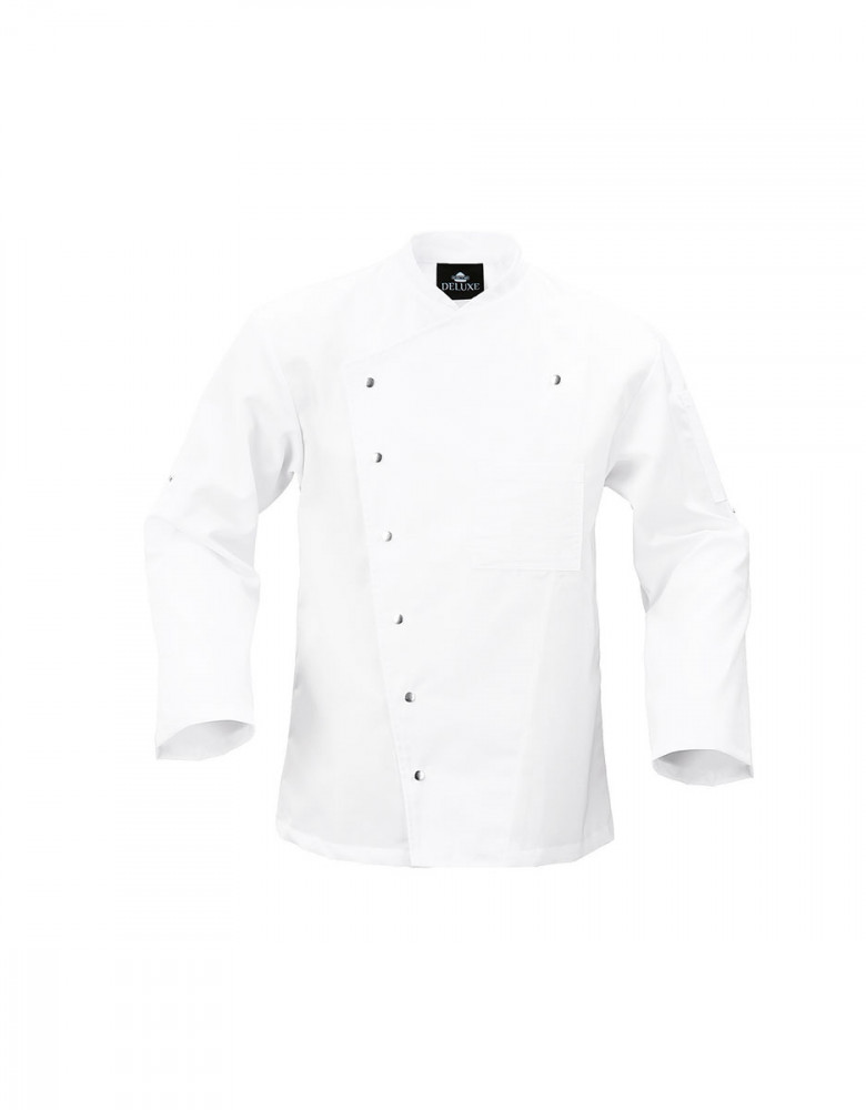 Weiße Damen Kochjacke mit tailliertem Schnitt, Langarm, Druckknöpfen und Taschen – ideal für Köchinnen in Hotel, Küche und Gastronomie