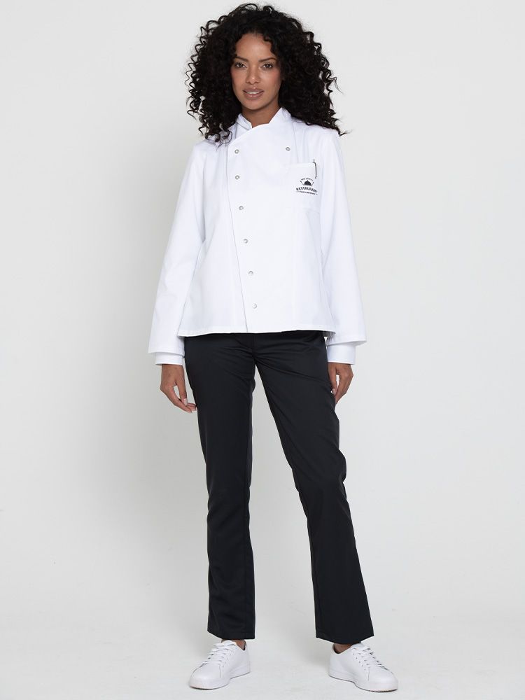 Weiße Damen Kochjacke mit tailliertem Schnitt, Langarm, Druckknöpfen und Taschen – ideal für Köchinnen in Hotel, Küche und Gastronomie