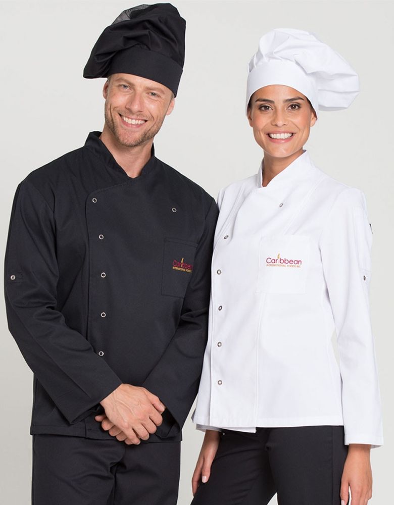 Weiße Damen Kochjacke mit tailliertem Schnitt, Langarm, Druckknöpfen und Taschen – ideal für Köchinnen in Hotel, Küche und Gastronomie