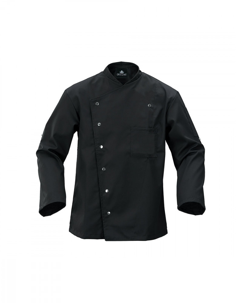 Schwarze Kochjacke Herren mit Langarm, Druckknöpfen, Taschen und Rückenfalte – ideal für Küche, Hotel und Gastronomie