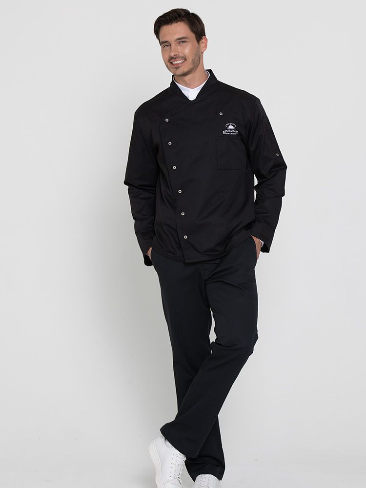 Schwarze Kochjacke Herren mit Langarm, Druckknöpfen, Taschen und Rückenfalte – ideal für Küche, Hotel und Gastronomie
