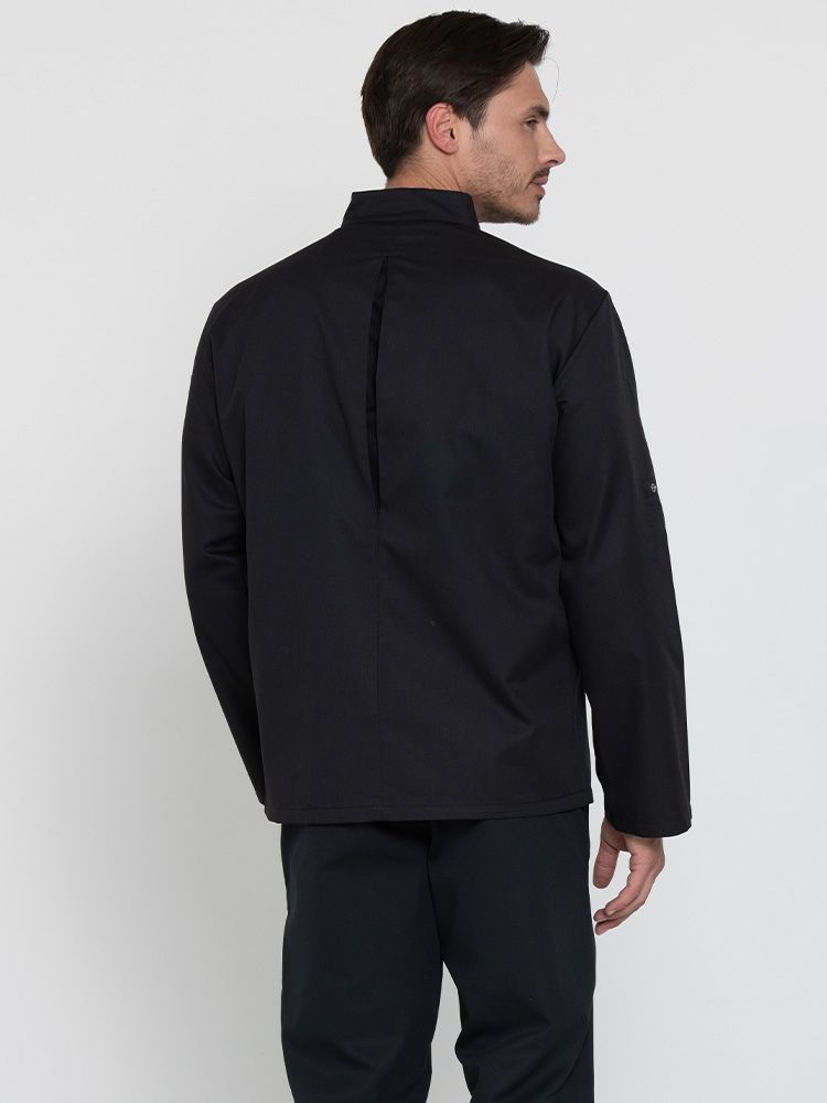 Schwarze Kochjacke Herren mit Langarm, Druckknöpfen, Taschen und Rückenfalte – ideal für Küche, Hotel und Gastronomie