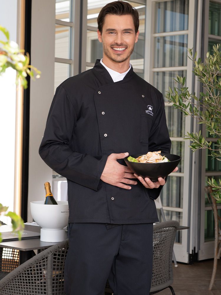 Schwarze Kochjacke Herren mit Langarm, Druckknöpfen, Taschen und Rückenfalte – ideal für Küche, Hotel und Gastronomie