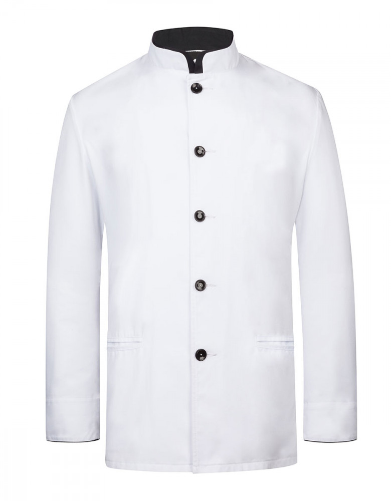 Herren-Servicejacke in Weiß mit schwarzem Kragen, Kontrastpaspeln und Knöpfen – ideal für Gastronomie, Bar oder Hotel