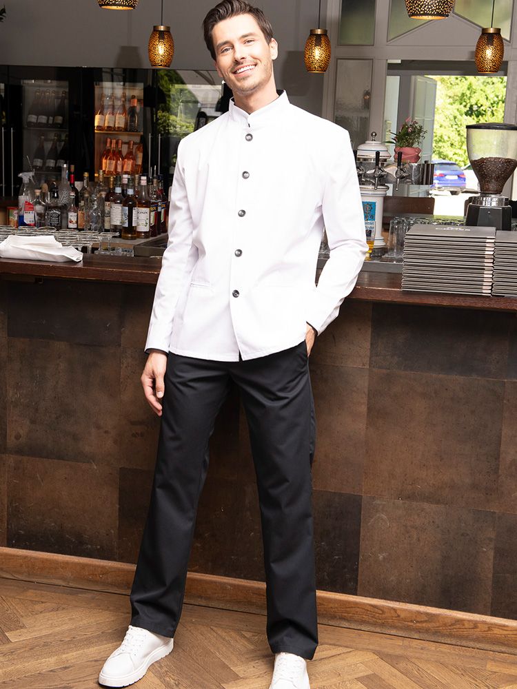 Herren-Servicejacke in Weiß mit schwarzem Kragen, Kontrastpaspeln und Knöpfen – ideal für Gastronomie, Bar oder Hotel