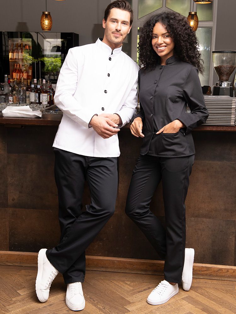 Herren-Servicejacke in Weiß mit schwarzem Kragen, Kontrastpaspeln und Knöpfen – ideal für Gastronomie, Bar oder Hotel