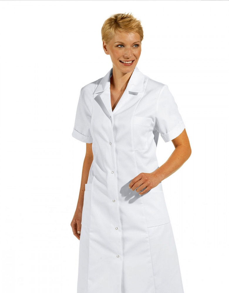Weißer Kurzarm Arztmantel Damen mit Reverskragen und Taschen für Praxis und Klinik