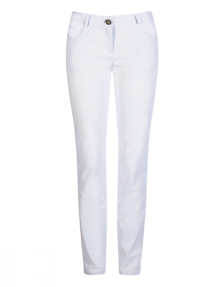 Weiße Hose Damen für die Arztpraxis & Pflege mit elastischem Bund und geradem Schnitt, ideal für den medizinischen Arbeitsalltag.