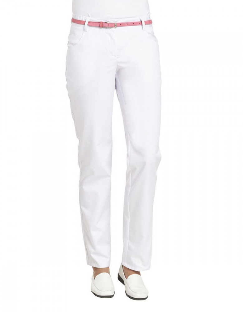 Weiße Hose Damen für die Arztpraxis & Pflege mit elastischem Bund und geradem Schnitt, ideal für den medizinischen Arbeitsalltag.