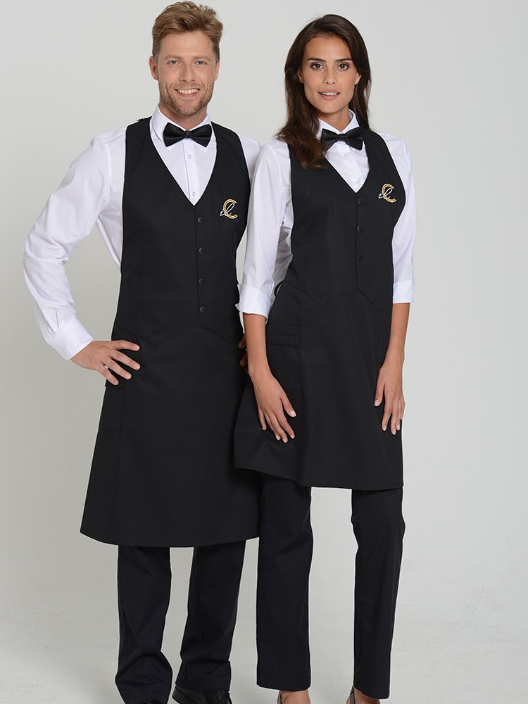 Elegante Service Schürzen Damen in Schwarz mit Westenschnitt und Hüfttasche
