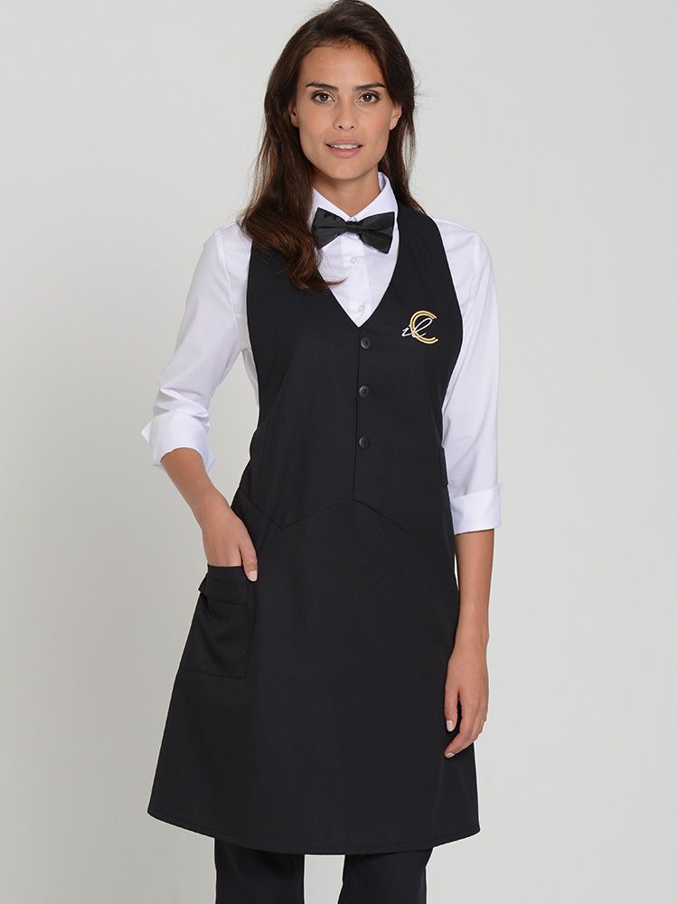 Elegante Service Schürzen Damen in Schwarz mit Westenschnitt und Hüfttasche