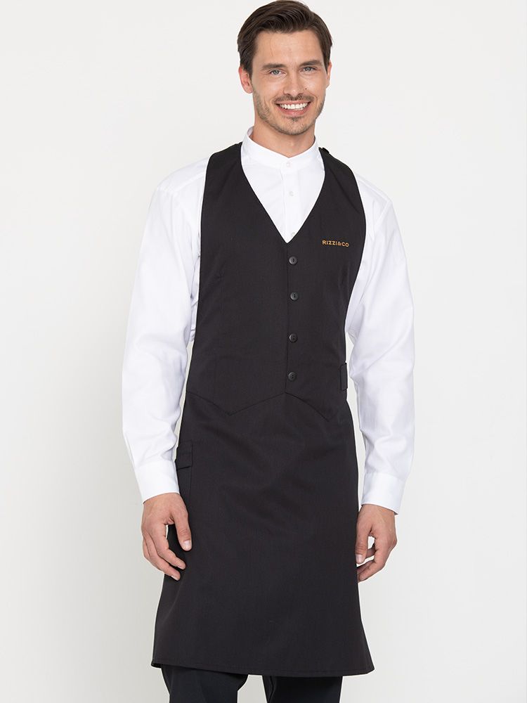 Serviceschürze in Schwarz für Herren im Westenstil mit Tasche und Schlaufen, verstellbar und waschbar bis 95 °C – ideal für Gastronomie und Verkauf