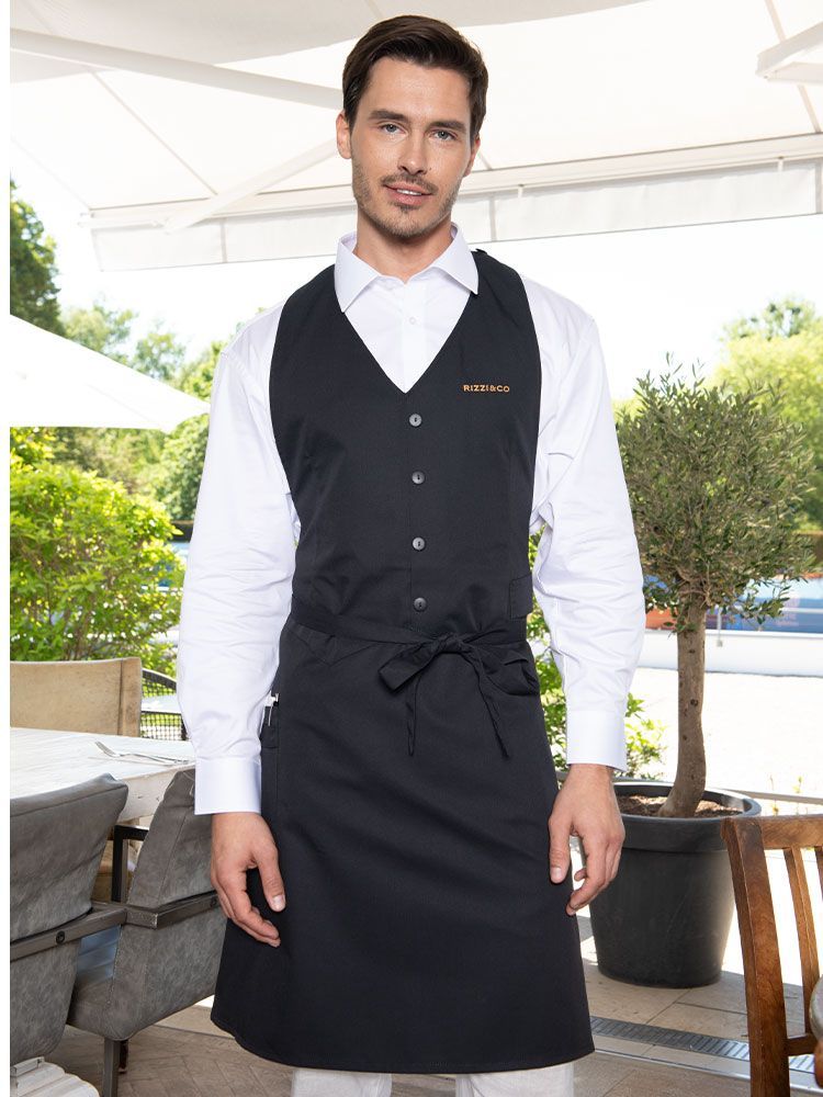 Serviceschürze in Schwarz für Herren im Westenstil mit Tasche und Schlaufen, verstellbar und waschbar bis 95 °C – ideal für Gastronomie und Verkauf