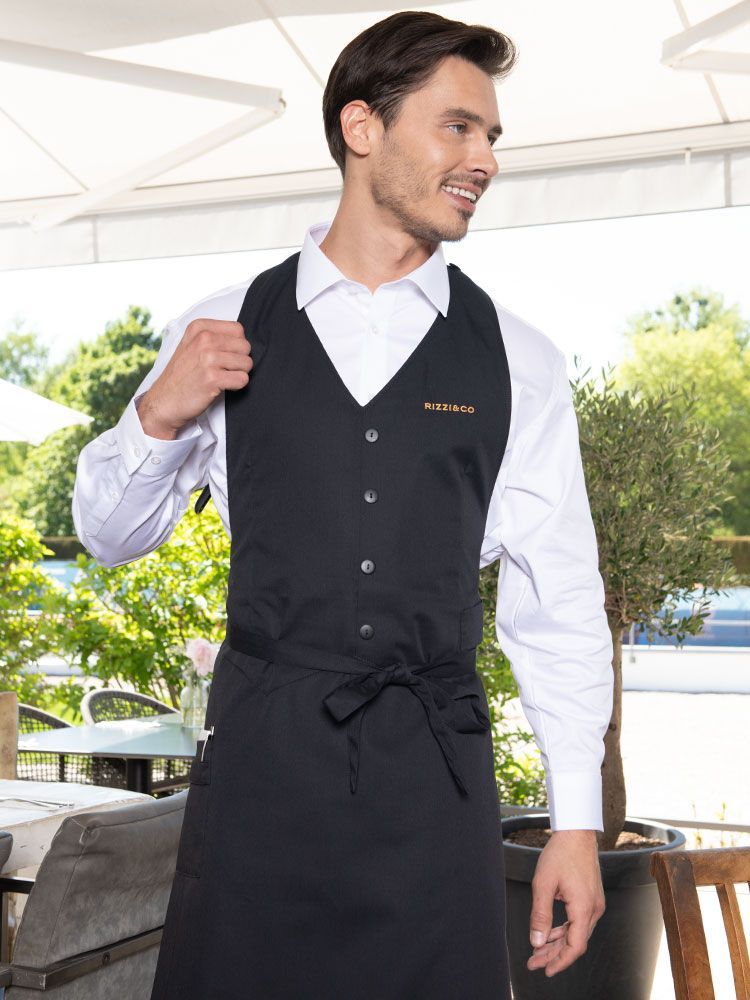 Serviceschürze in Schwarz für Herren im Westenstil mit Tasche und Schlaufen, verstellbar und waschbar bis 95 °C – ideal für Gastronomie und Verkauf