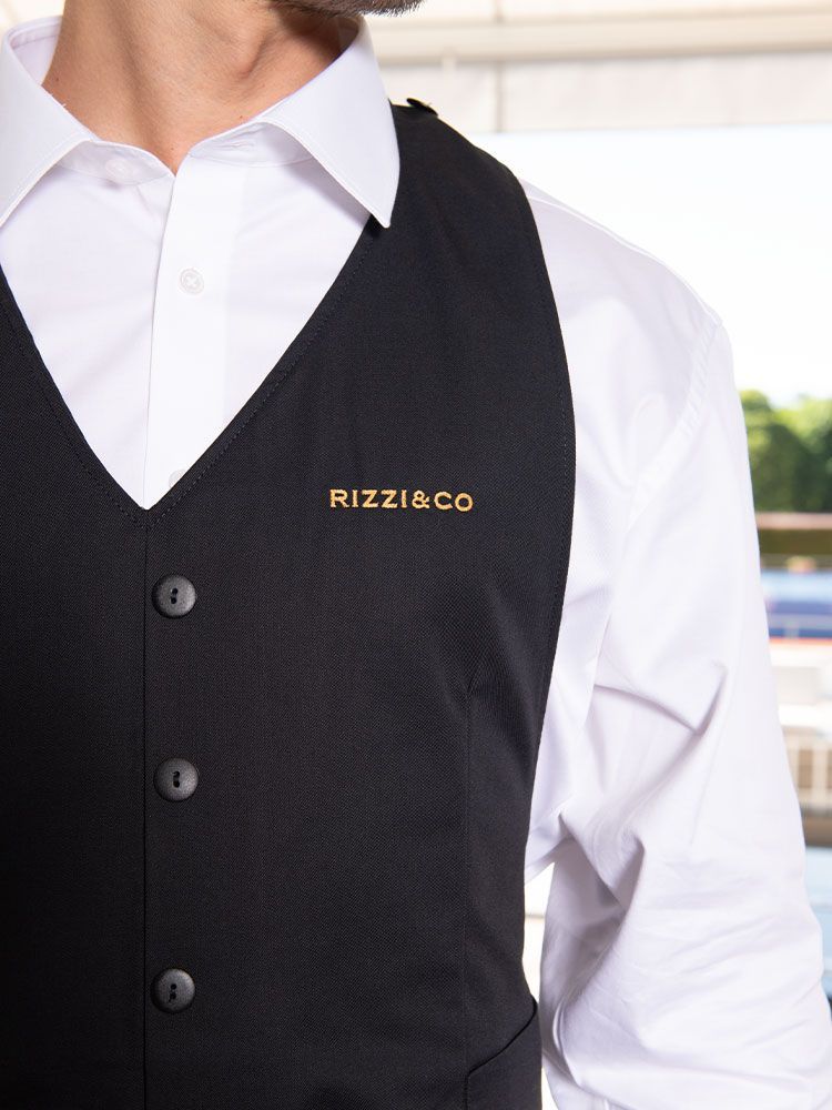 Serviceschürze in Schwarz für Herren im Westenstil mit Tasche und Schlaufen, verstellbar und waschbar bis 95 °C – ideal für Gastronomie und Verkauf