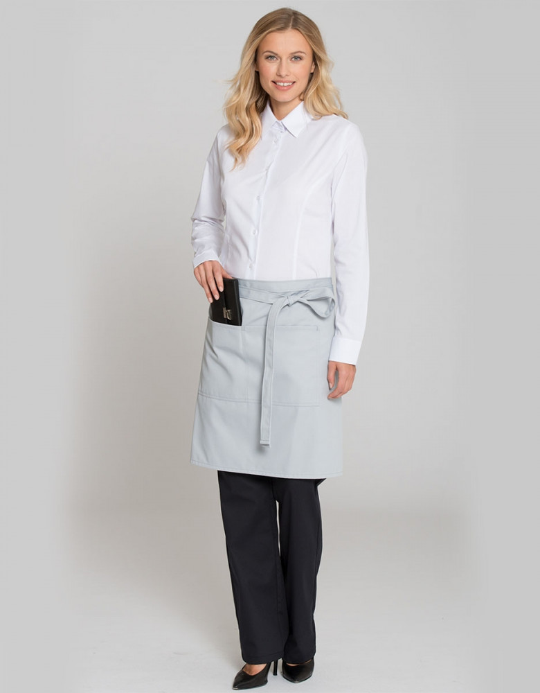 Graue Schürze mit Taschen für Damen und Herren in der Gastronomie – robuste Bistroschürze mit 2-Fach-Tasche und Bindebändern
