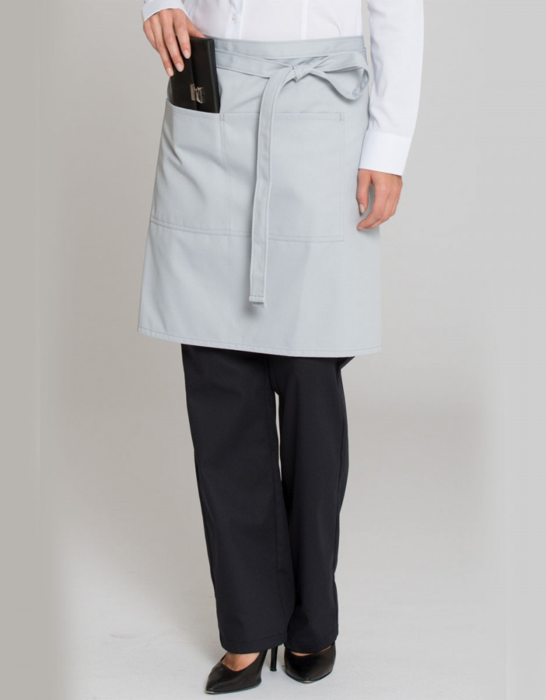 Graue Schürze mit Taschen für Damen und Herren in der Gastronomie – robuste Bistroschürze mit 2-Fach-Tasche und Bindebändern