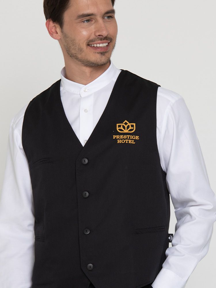 Herren Kellner Weste in Schwarz mit Taschen und verstellbarem Rücken – ideal für Service & Gastronomie