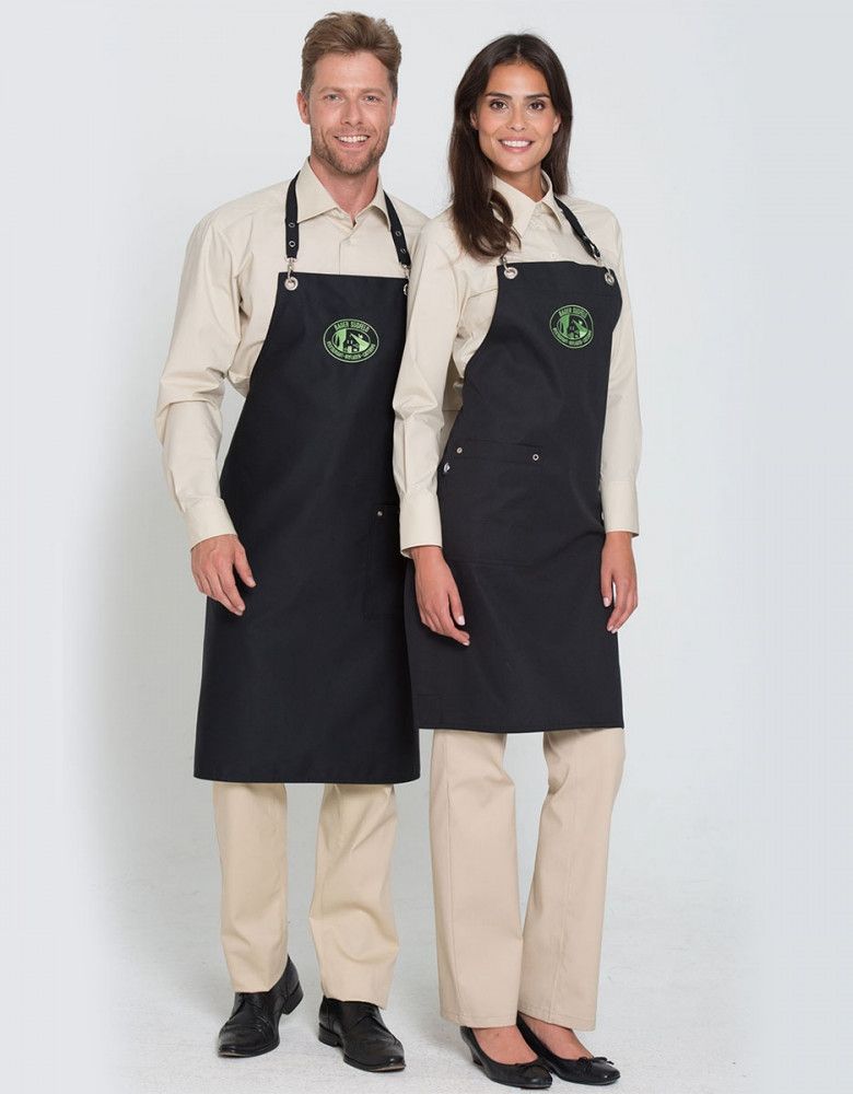 Schwarze Latzschürze für Damen und Herren mit verstellbarem Nackenband und praktischer Hüfttasche – ideal für Gastronomie, Service und Küche