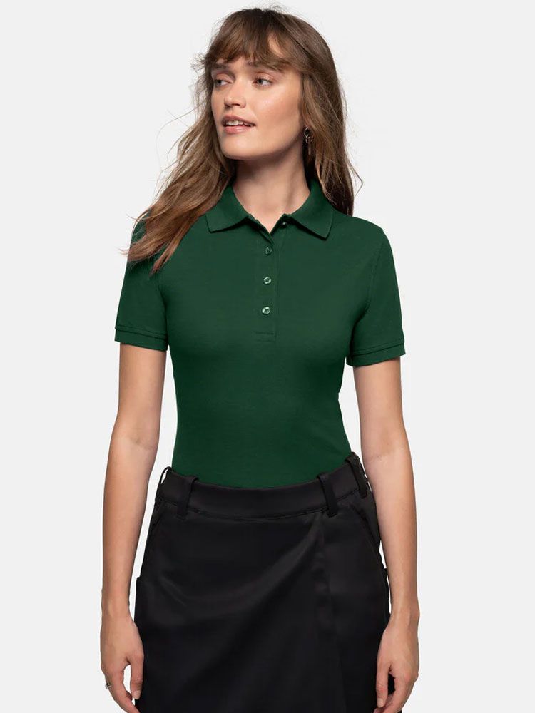 Poloshirt Damen in Tanne-Grün mit femininer Passform und 4-Knopf-Leiste – ideal für Pflege, Praxis oder Serviceberufe