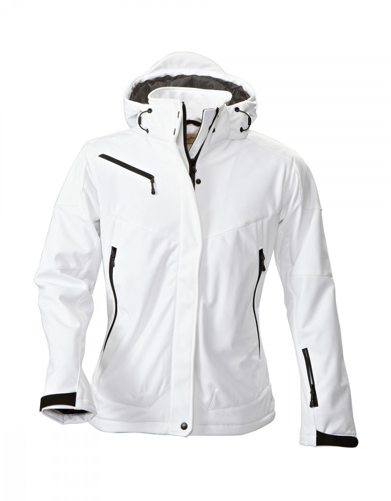 Weiße Softshelljacke Damen mit Kapuze – wetterfeste, gefütterte Jacke mit Reißverschlusstaschen und modernem Schnitt