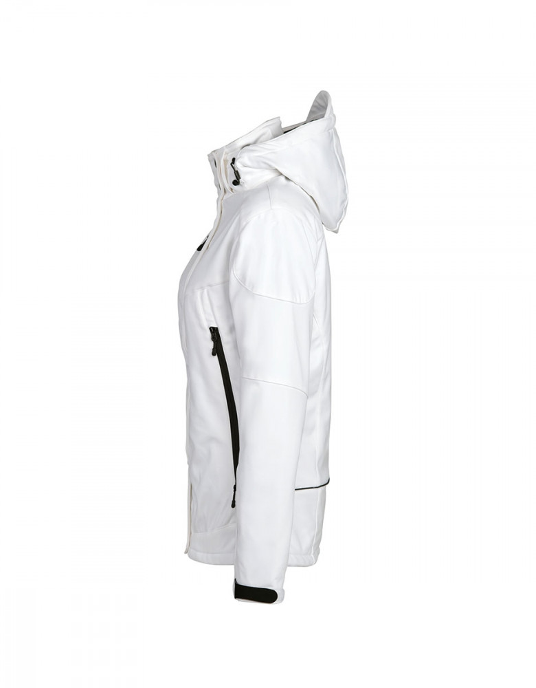 Weiße Softshelljacke Damen mit Kapuze – wetterfeste, gefütterte Jacke mit Reißverschlusstaschen und modernem Schnitt