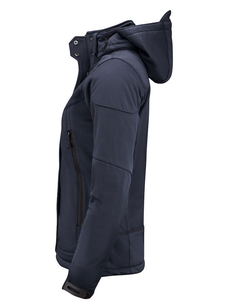 Schwarze Softshelljacke Damen mit abnehmbarer Kapuze, Fleece-Futter und Reißverschlusstaschen – ideal für Herbst und Winter