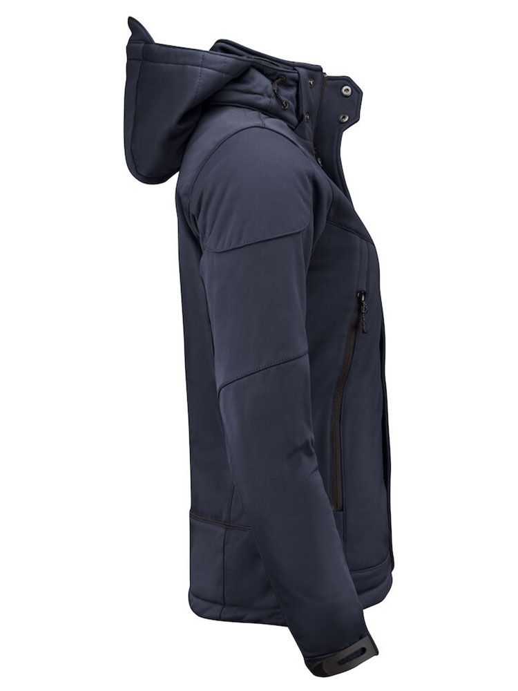 Schwarze Softshelljacke Damen mit abnehmbarer Kapuze, Fleece-Futter und Reißverschlusstaschen – ideal für Herbst und Winter