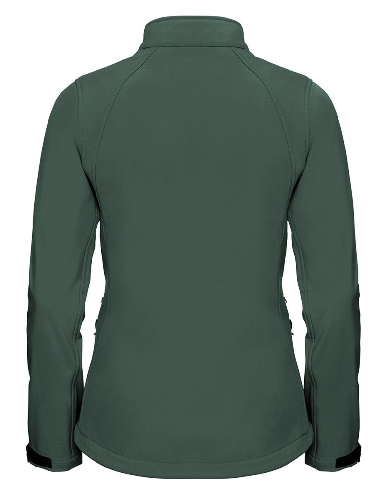 Grüne Softshelljacke für Damen mit Slim-Fit-Passform, wetterfest und atmungsaktiv – ideal für Outdoor, Arbeit oder Teambekleidung.