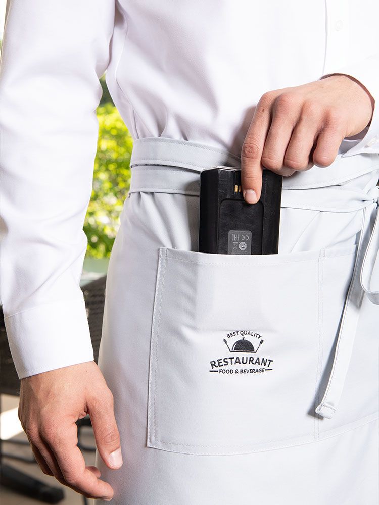 Lange graue Bistroschürze mit Tasche für Damen und Herren – 100x100 cm – ideal für Gastronomie, Küche und Servicepersonal