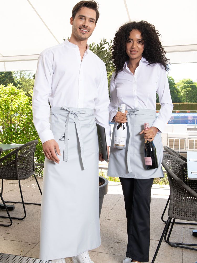 Lange graue Bistroschürze mit Tasche für Damen und Herren – 100x100 cm – ideal für Gastronomie, Küche und Servicepersonal