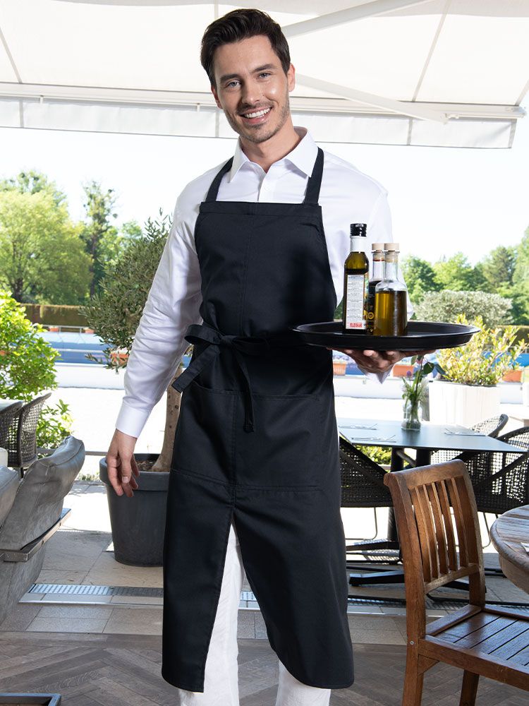 Latzschürze Gastronomie in Schwarz für Damen und Herren mit Tasche und Gehschlitz, verstellbar im Nacken