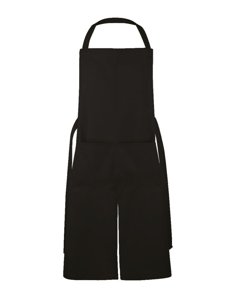 Latzschürze Gastronomie in Schwarz für Damen und Herren mit Tasche und Gehschlitz, verstellbar im Nacken