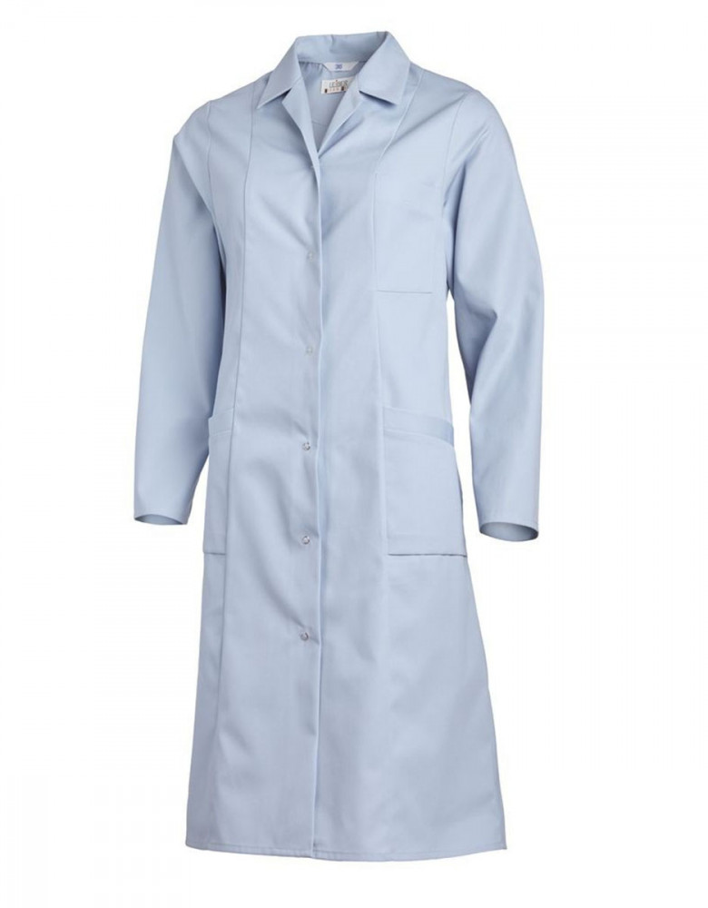 Hellblauer Labor Kittel Damen kurzarm mit Reverskragen für Praxis und Labor