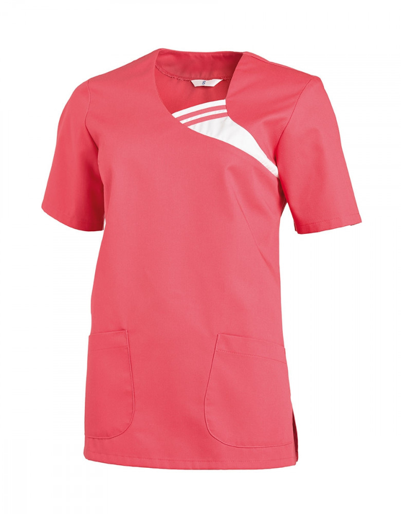 Kasack für Altenpflege Damen in Rosa mit weißem V-Ausschnitt, zwei Taschen und Seitenschlitzen – bequeme Arbeitskleidung für Pflegekräfte