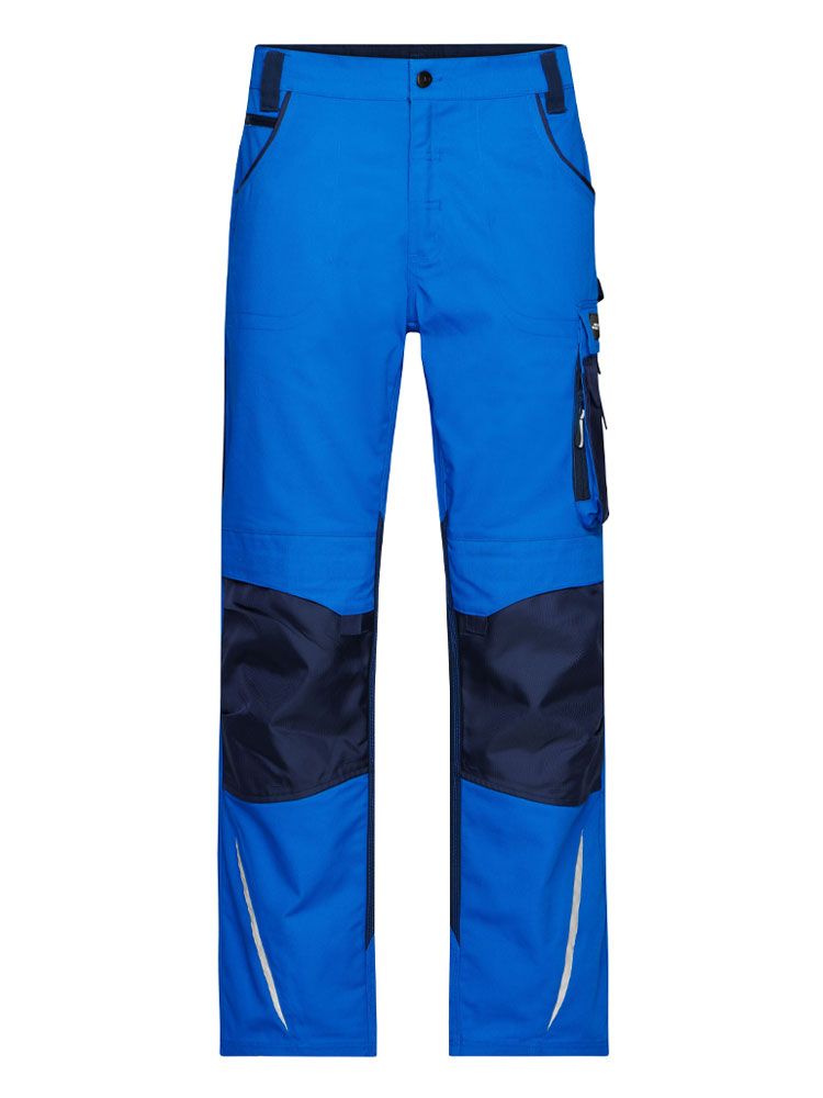 Blaue Arbeitshose mit verstärkten Knien, vielen Taschen und reflektierenden Details für Handwerker