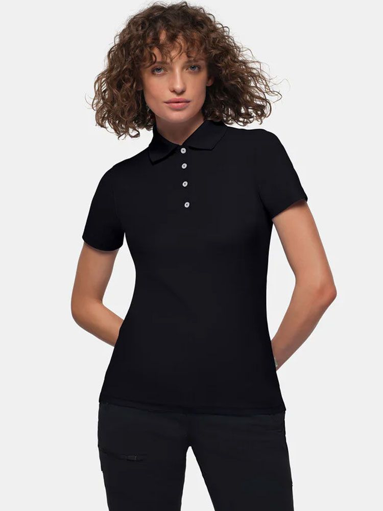Schwarzes Funktions Poloshirt Damen mit weißer Knopfleiste für Empfang und Service