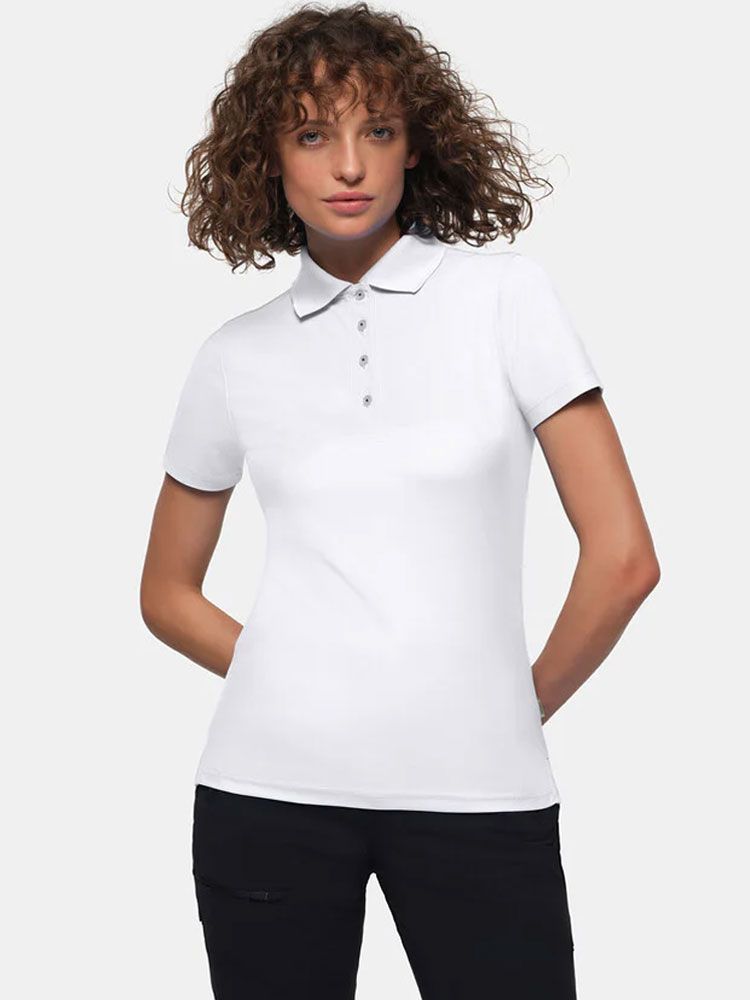 Weißes Funktions Poloshirt Damen mit Knopfleiste für Pflege und Medizin