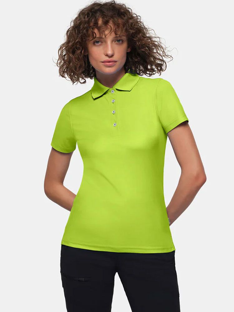 Grünes Funktions Poloshirt Damen mit weißer Knopfleiste für Pflege und Therapie