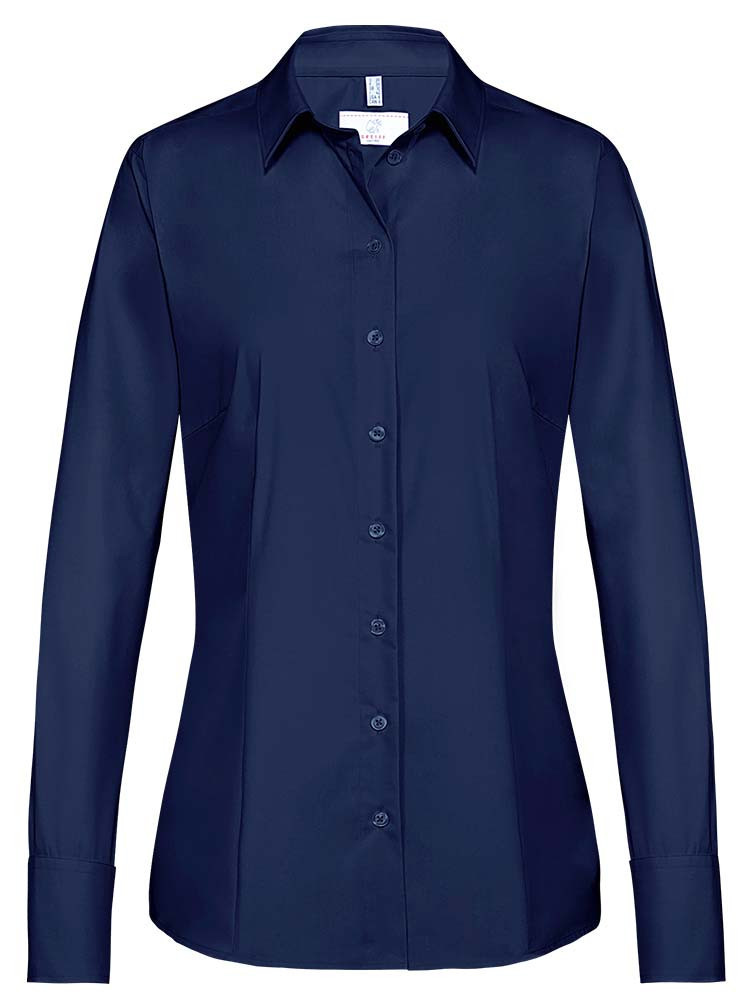 Damenbluse Dunkelblau Langarm mit Kentkragen und breiten Manschetten, leicht tailliert