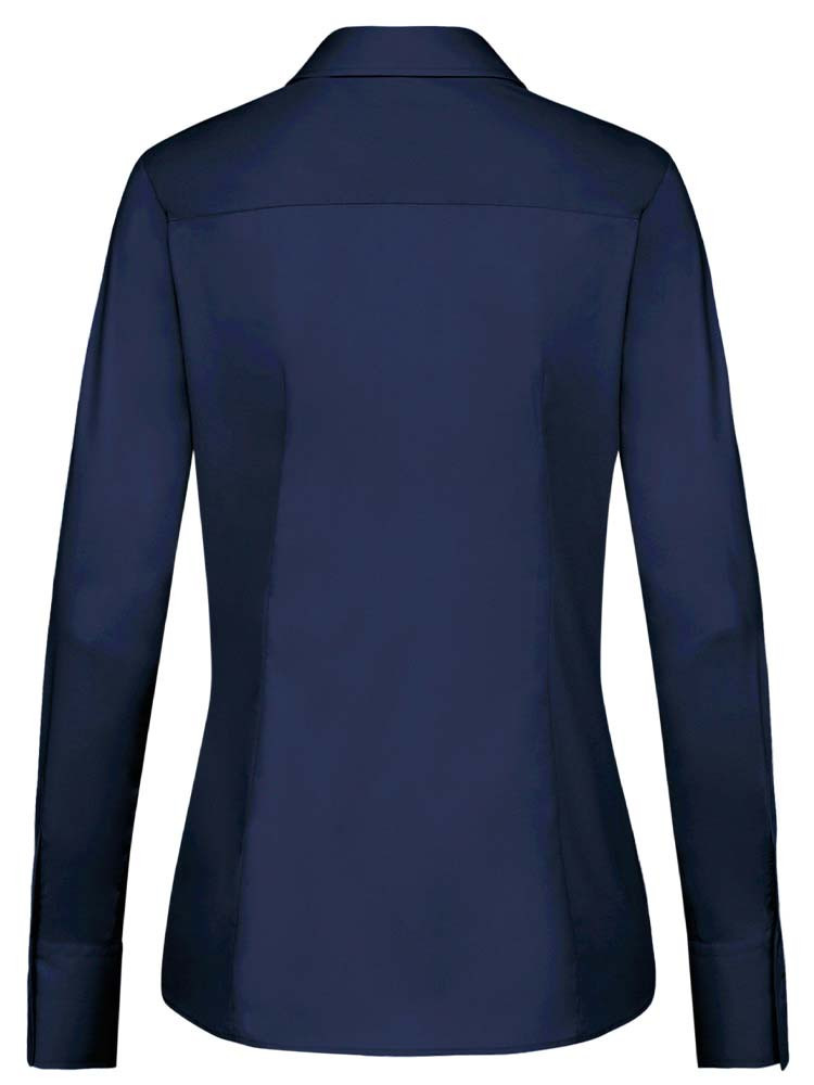 Damenbluse Dunkelblau Langarm mit Kentkragen und breiten Manschetten, leicht tailliert
