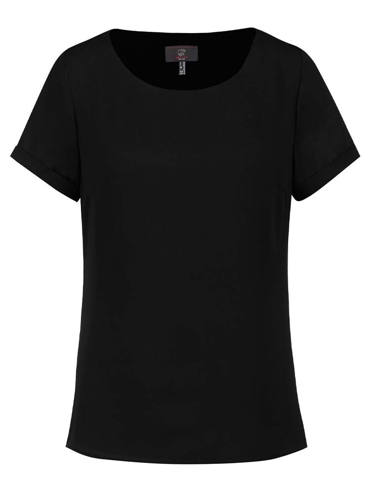 Schwarze Damen-Chiffonbluse mit kurzem Arm, fließendem Stoff und modernem T-Shirt-Schnitt für Business und Service.
