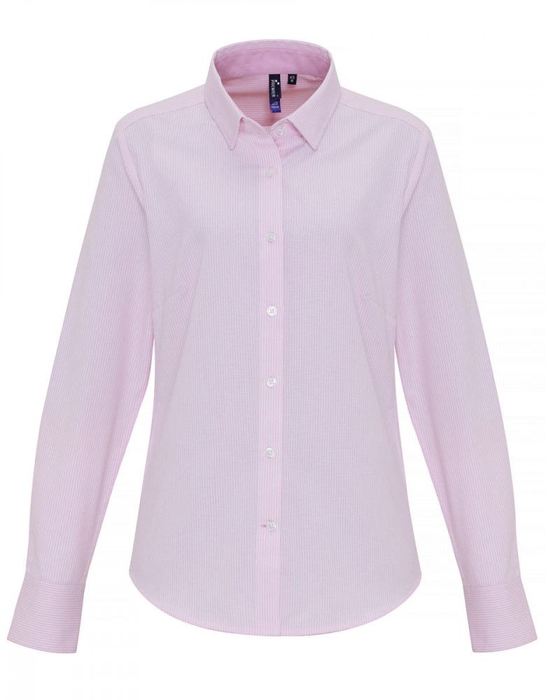 Bluse Pink Weiß gestreift für Damen mit Hemdkragen und Manschetten, ideal für Gastronomie, Hotel & Business