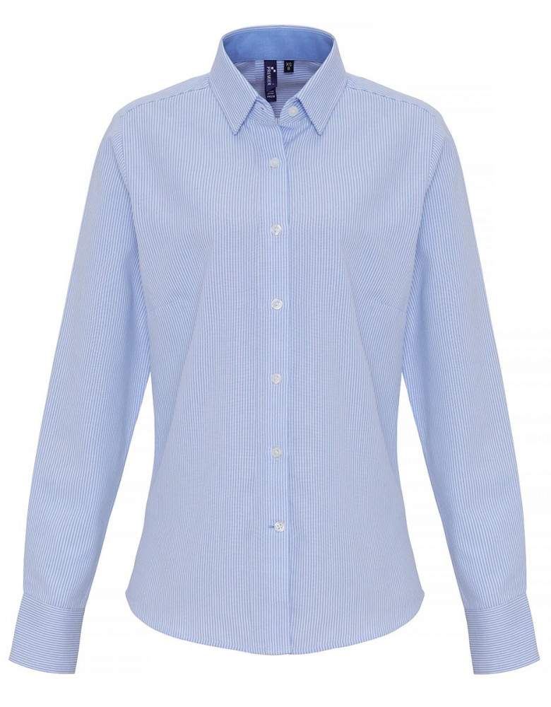 Blau weiße Bluse Damen – Fein gestreifte Langarmbluse mit Hemdkragen und Manschetten, ideal für Business, Gastronomie und Hotellerie.