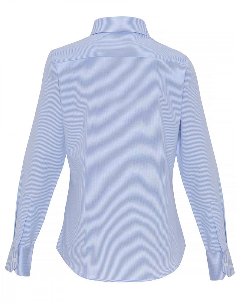 Blau weiße Bluse Damen – Fein gestreifte Langarmbluse mit Hemdkragen und Manschetten, ideal für Business, Gastronomie und Hotellerie.