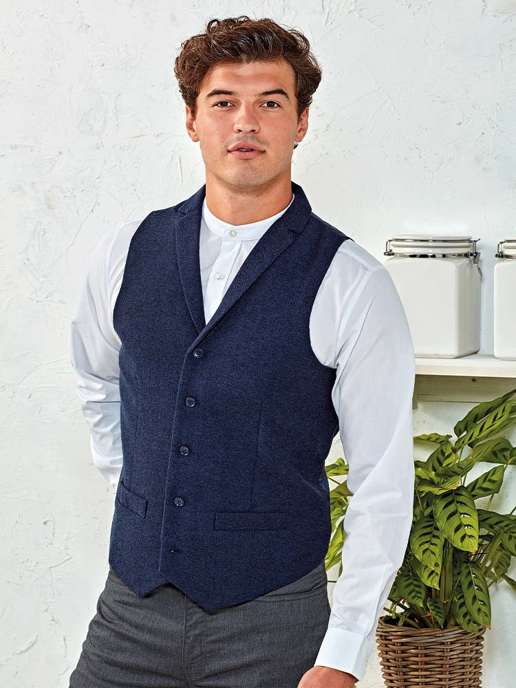 Herren Weste Blau – Elegante Serviceweste mit Reverskragen, 5-Knöpfen und Satin-Stoffrücken für Berufsbekleidung in Gastronomie, Hotellerie und Business