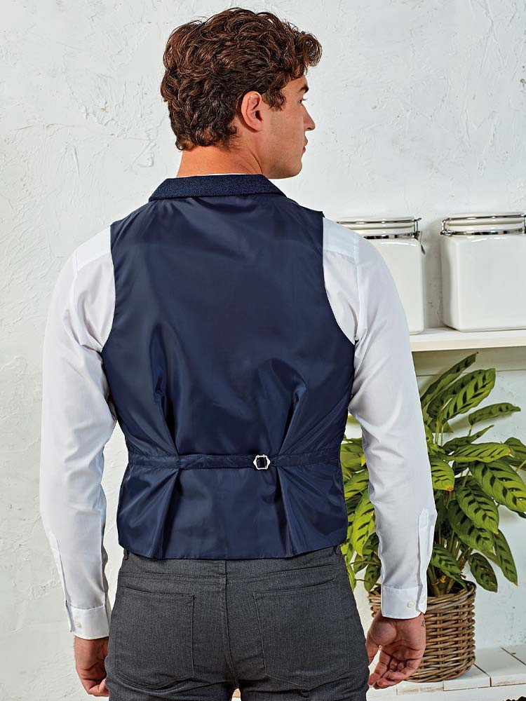 Herren Weste Blau – Elegante Serviceweste mit Reverskragen, 5-Knöpfen und Satin-Stoffrücken für Berufsbekleidung in Gastronomie, Hotellerie und Business