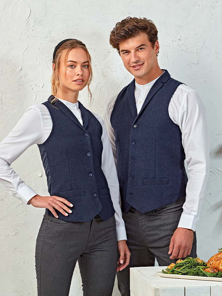 Herren Weste Blau – Elegante Serviceweste mit Reverskragen, 5-Knöpfen und Satin-Stoffrücken für Berufsbekleidung in Gastronomie, Hotellerie und Business